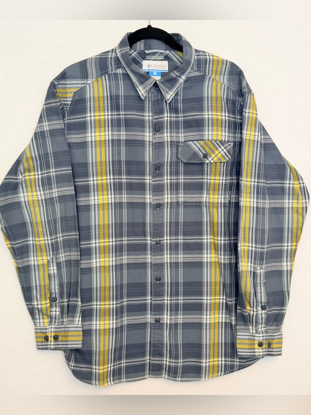 Columbia Omni-Wick Plaid Flannel Shirt Large Gray Yellow 100% Cotton